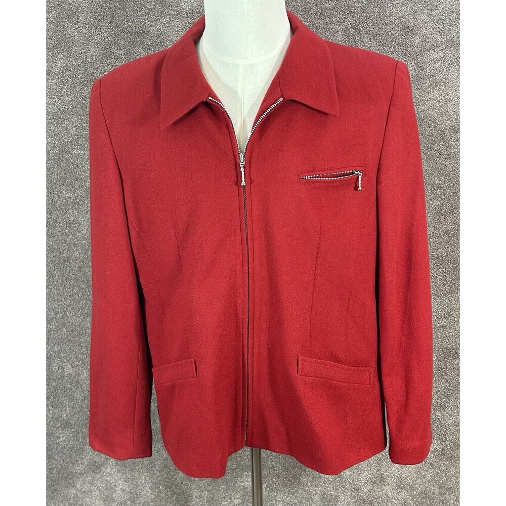 Laura Scott Blazer Womens 18 Red 100% Wool Full Zip Acetate Lined Career Jacket